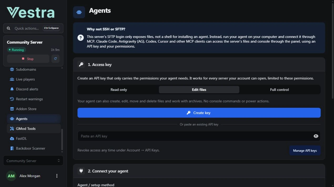 The Agents area inside the Vestra game panel, with MCP client setup and permission controls. Identifying details are replaced with demo data.